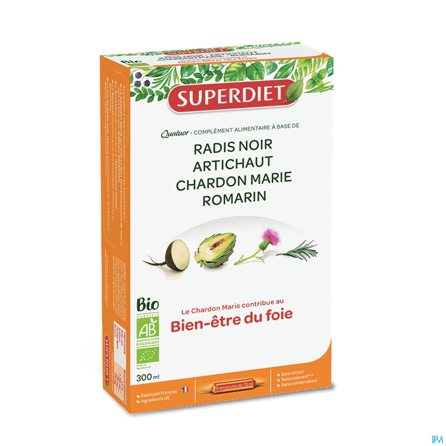 Superdiet Quatuor Digestion Bio Radis Noir Artichaut Chardon Marie Romarin Ampoule Buvable 15ml 20