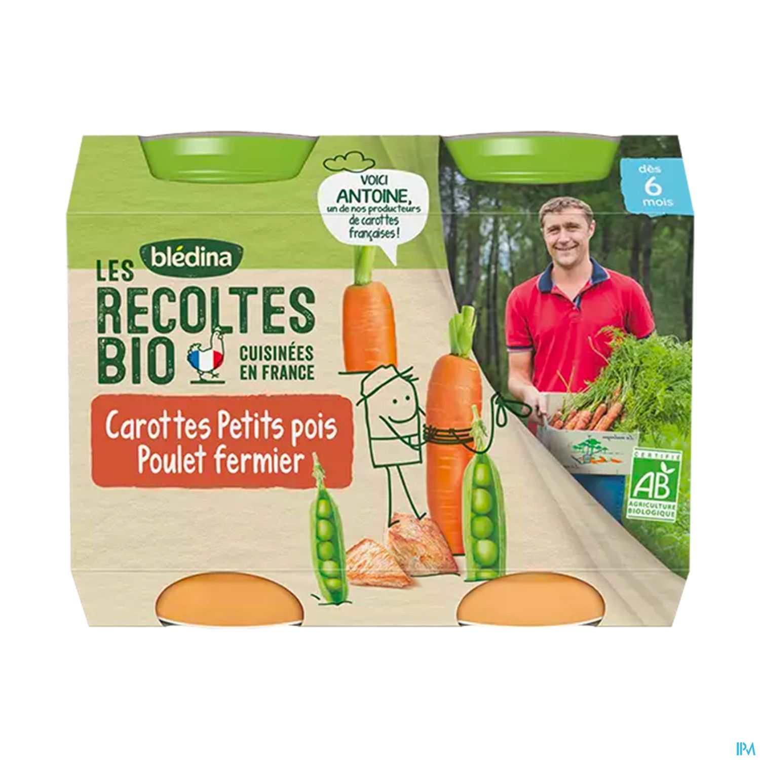 Bledina Les Recoltes Bio Pot Carotte Petits Pois Poulet 200g X2