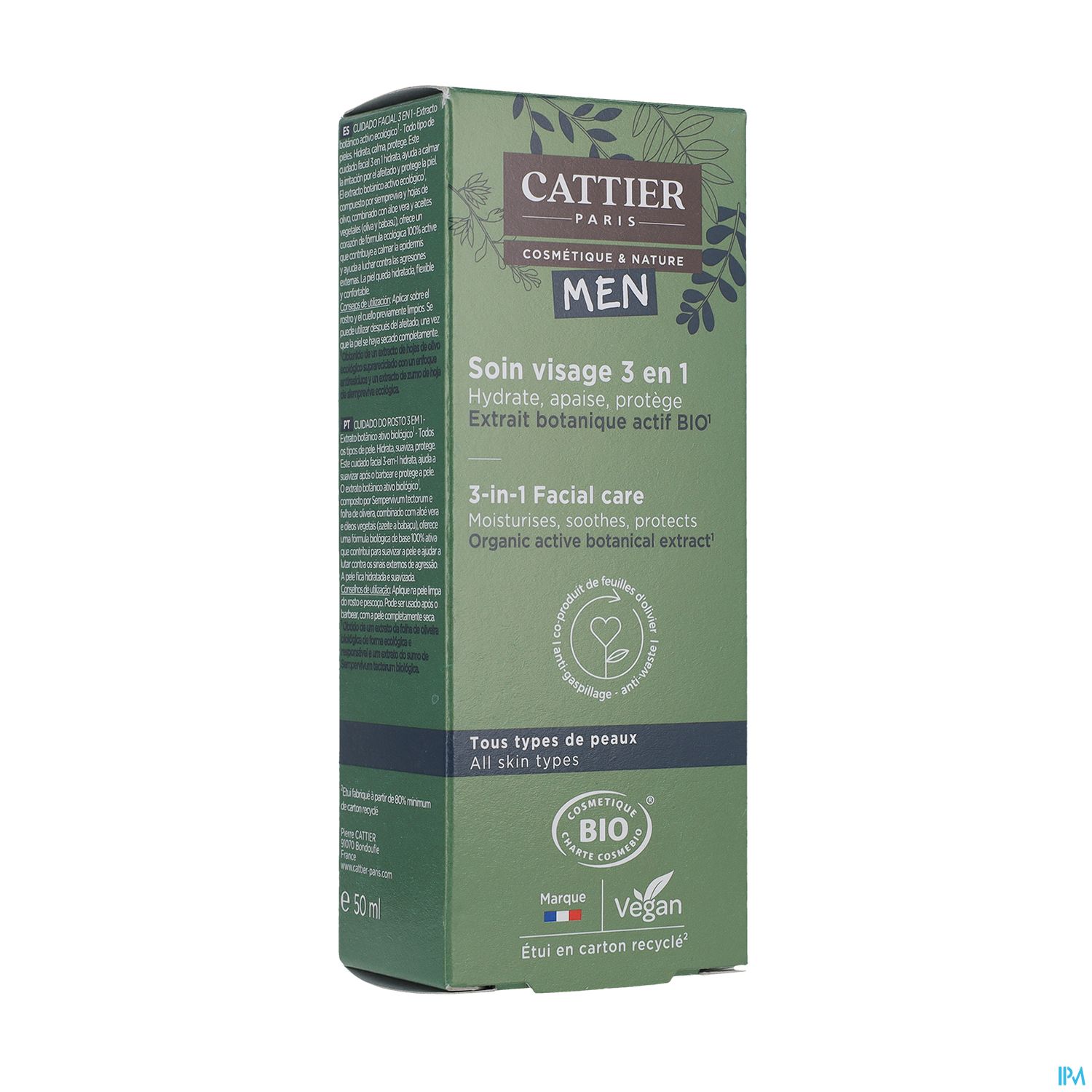 Cattier Men Soin Visage 3en1 Bio Tous Types De Peaux 50ml