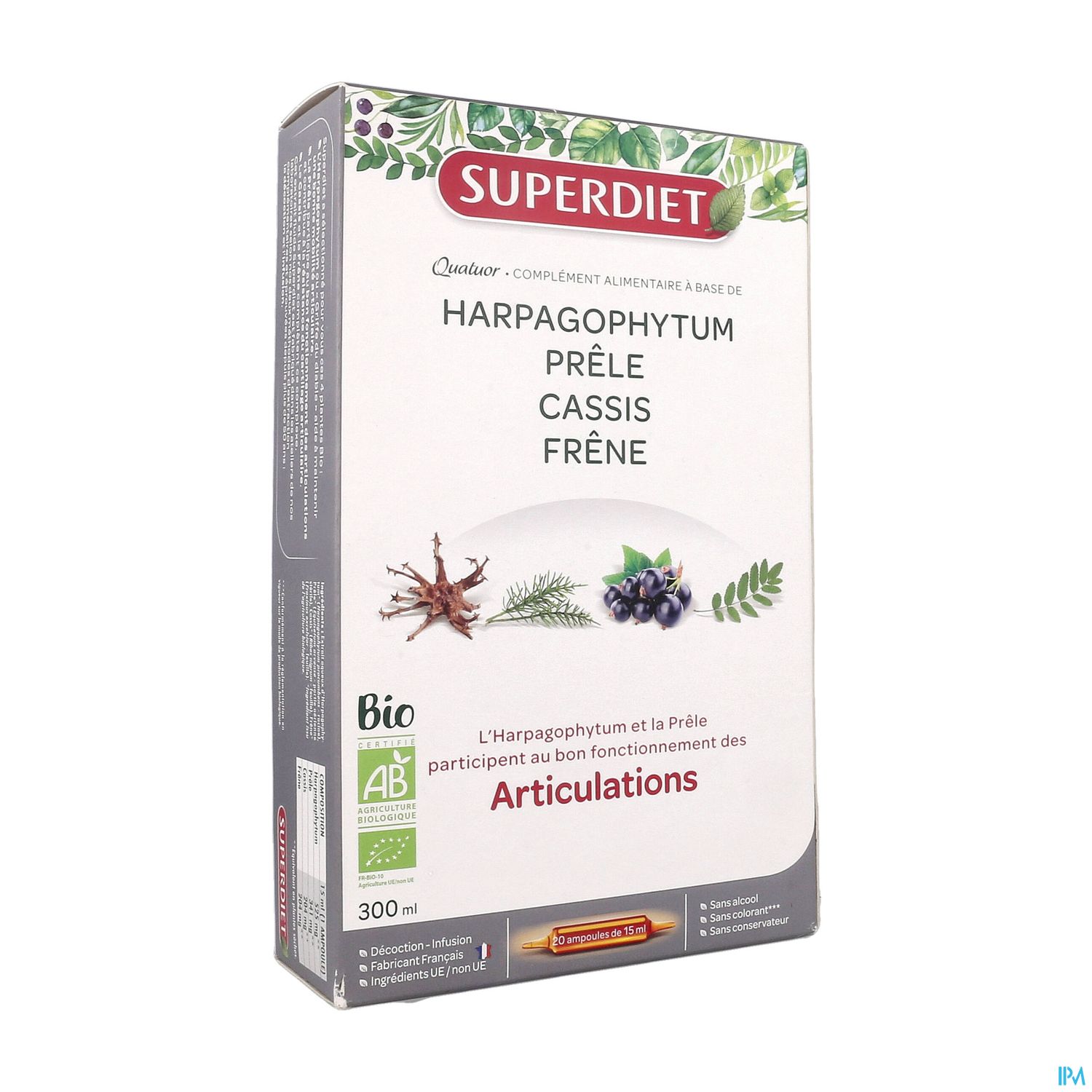 Superdiet Quatuor Articulations Bio Harpagophytum Prele Cassis Frene Ampoule Buvable 15ml 20