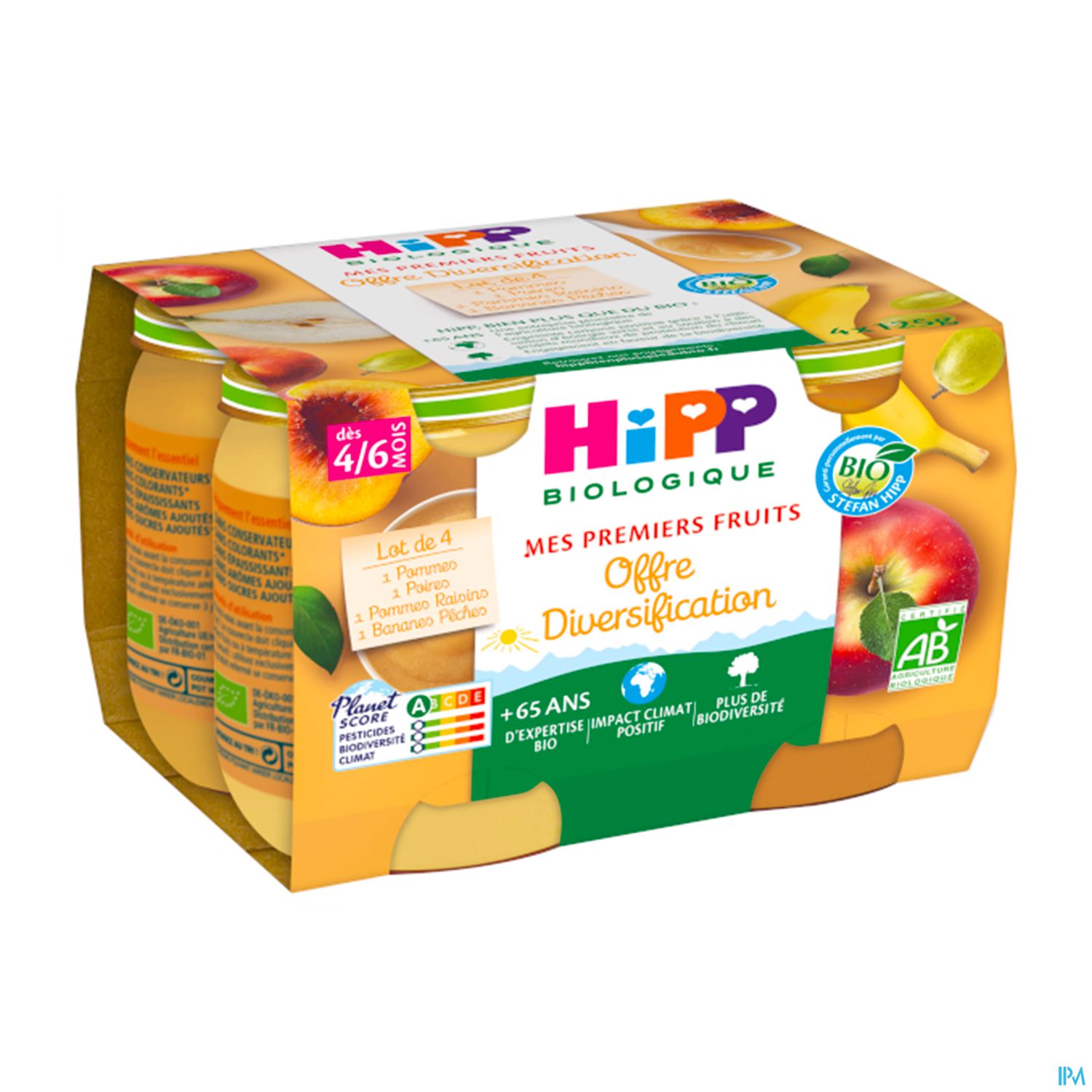Hipp Mes Premiers Fruits Pomme Poire Banane Peche Pomme Raisin Bio Pot 125g X4