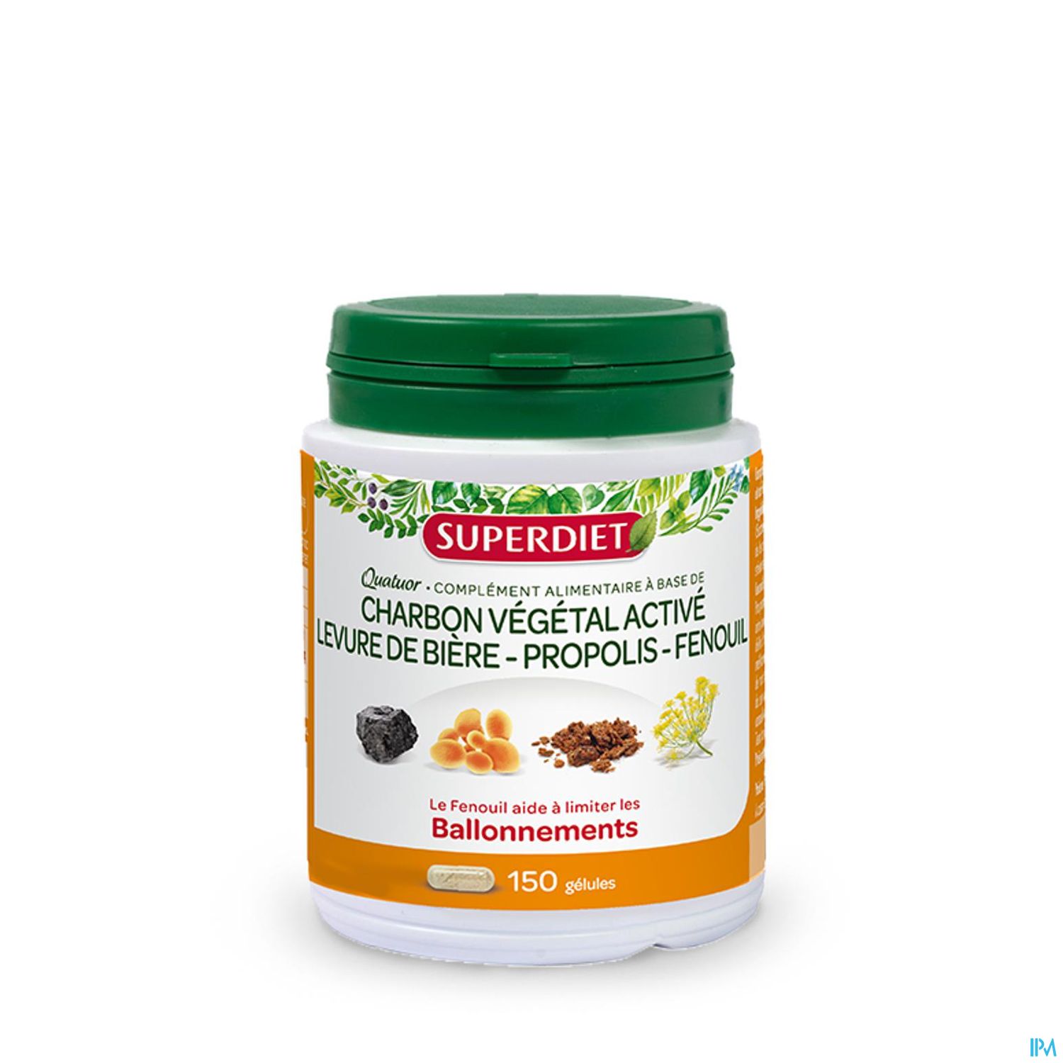 Superdiet Quatuor Ballonnements Charbon Vegetal Active Levure De Biere Propolis Fenouil Gelule 150
