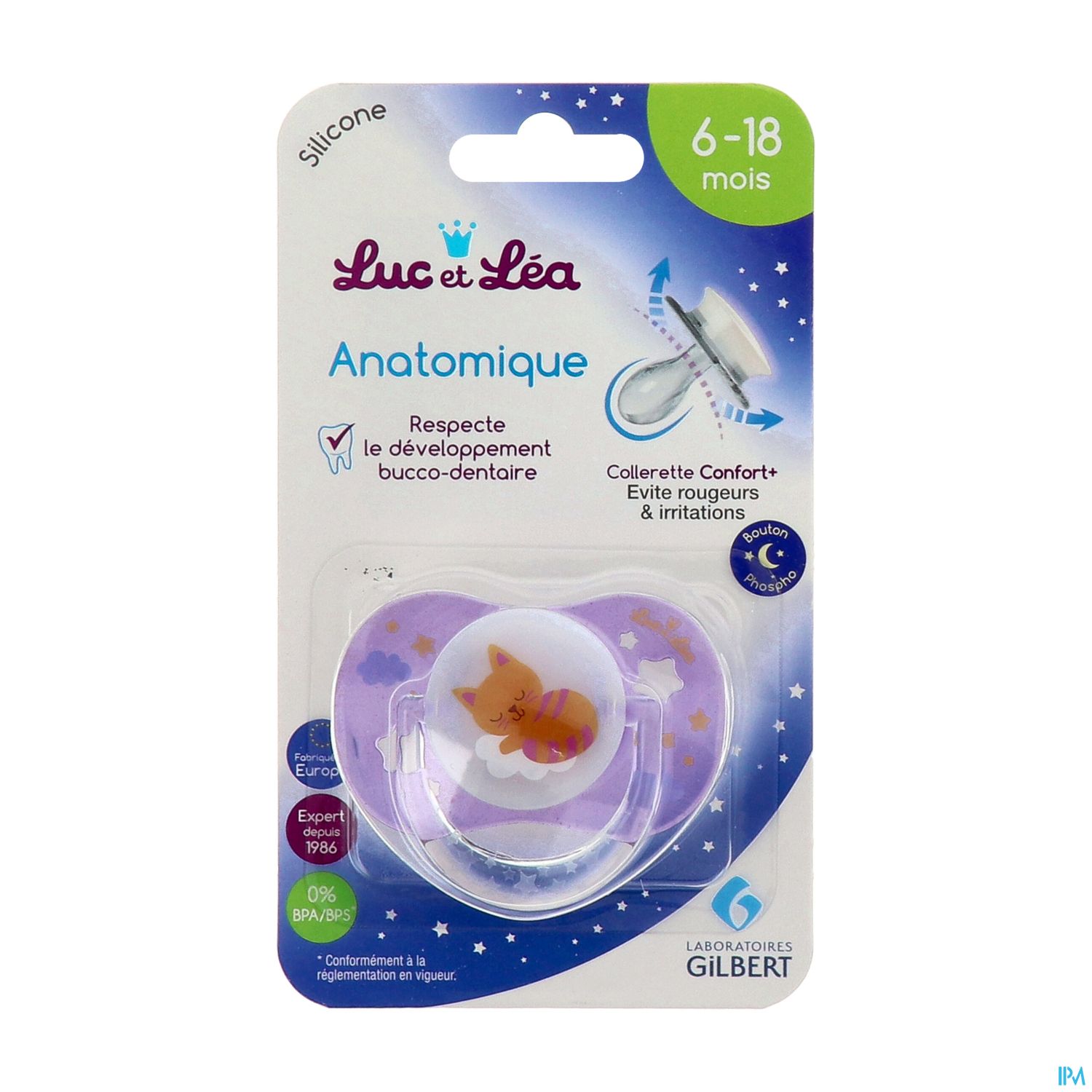 Luc Et Lea Sucette Anatomique Nuit Chat Anneau 6/18m