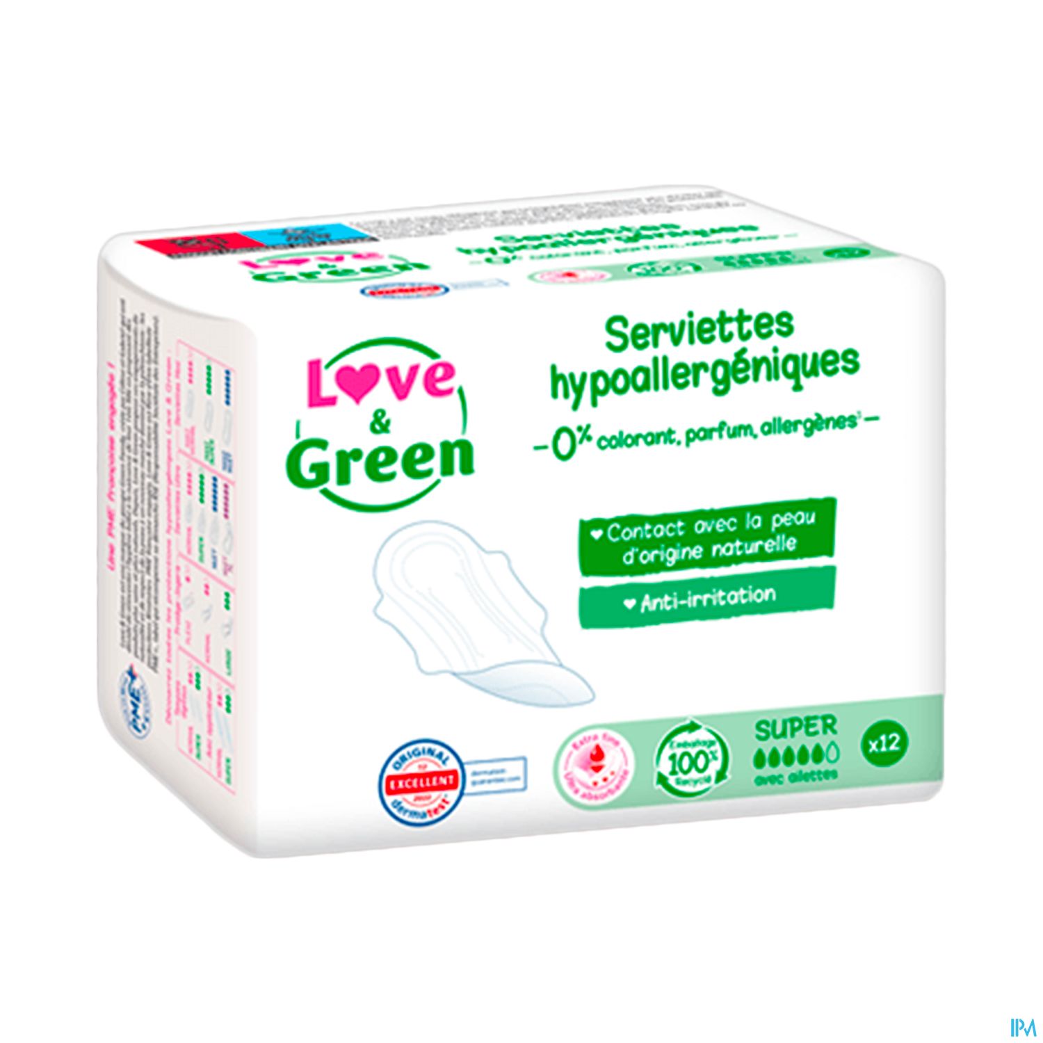 Love Green Serviettes Ecolabellisees Et Hypoallergeniques Ultra Super X12 Avec Ailettes