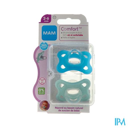 Mam Sucette Comfort Bleu 2/6m Silicone Bte Sterilisation X2