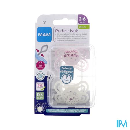 Mam Sucette Anatomique Silicone Perfect Nuit Decor 2/6m Boite Sterilisation N12 X2