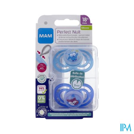 Mam Sucette Anatomique Silicone Perfect Nuit +18m Boite Sterilisation N51 X2