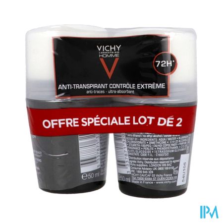 Vichy Homme Antitranspirant Bille Antitrace 72h 50ml X2